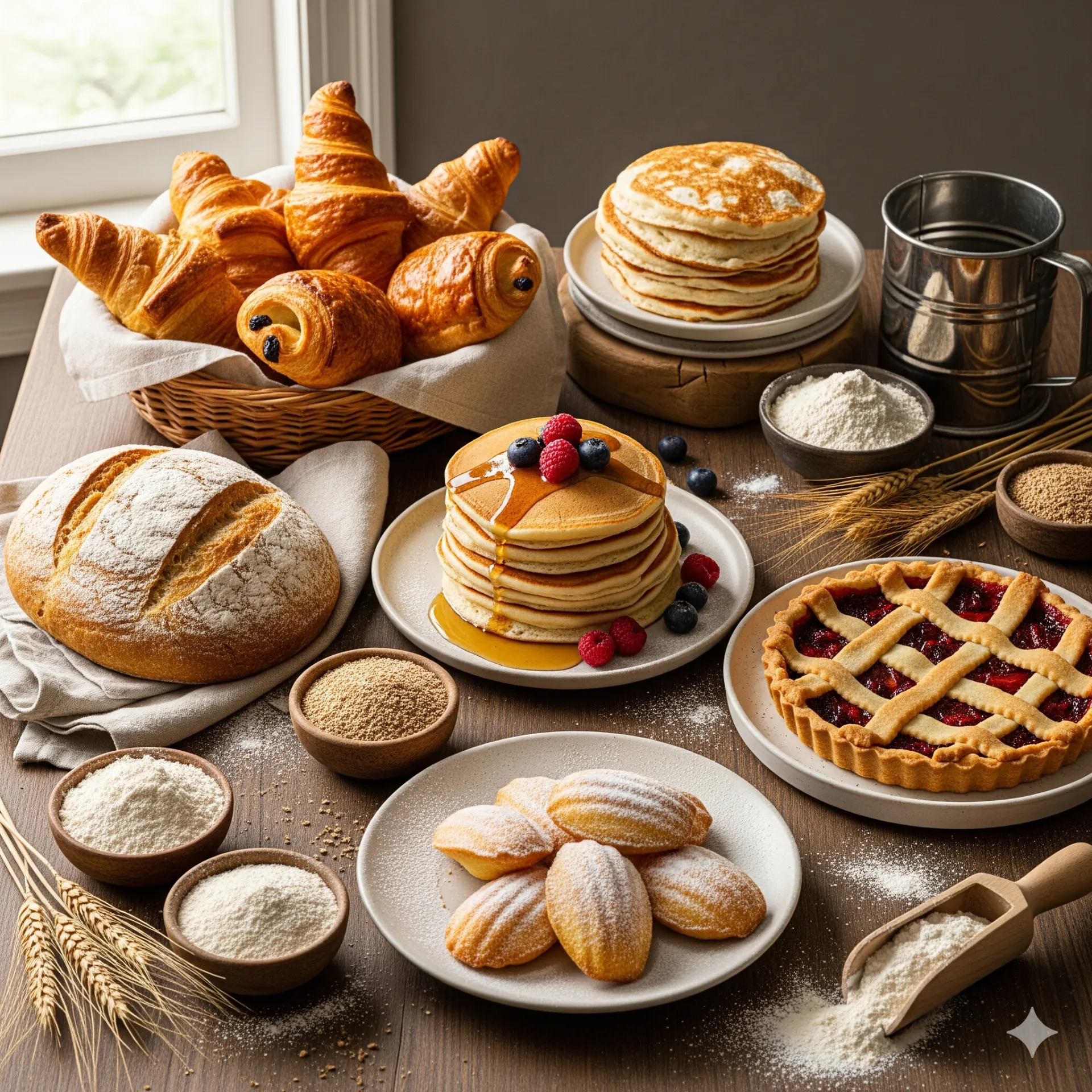 Assortiment de pâtisseries, pains et crêpes réalisés avec la farine locale AUROVIA